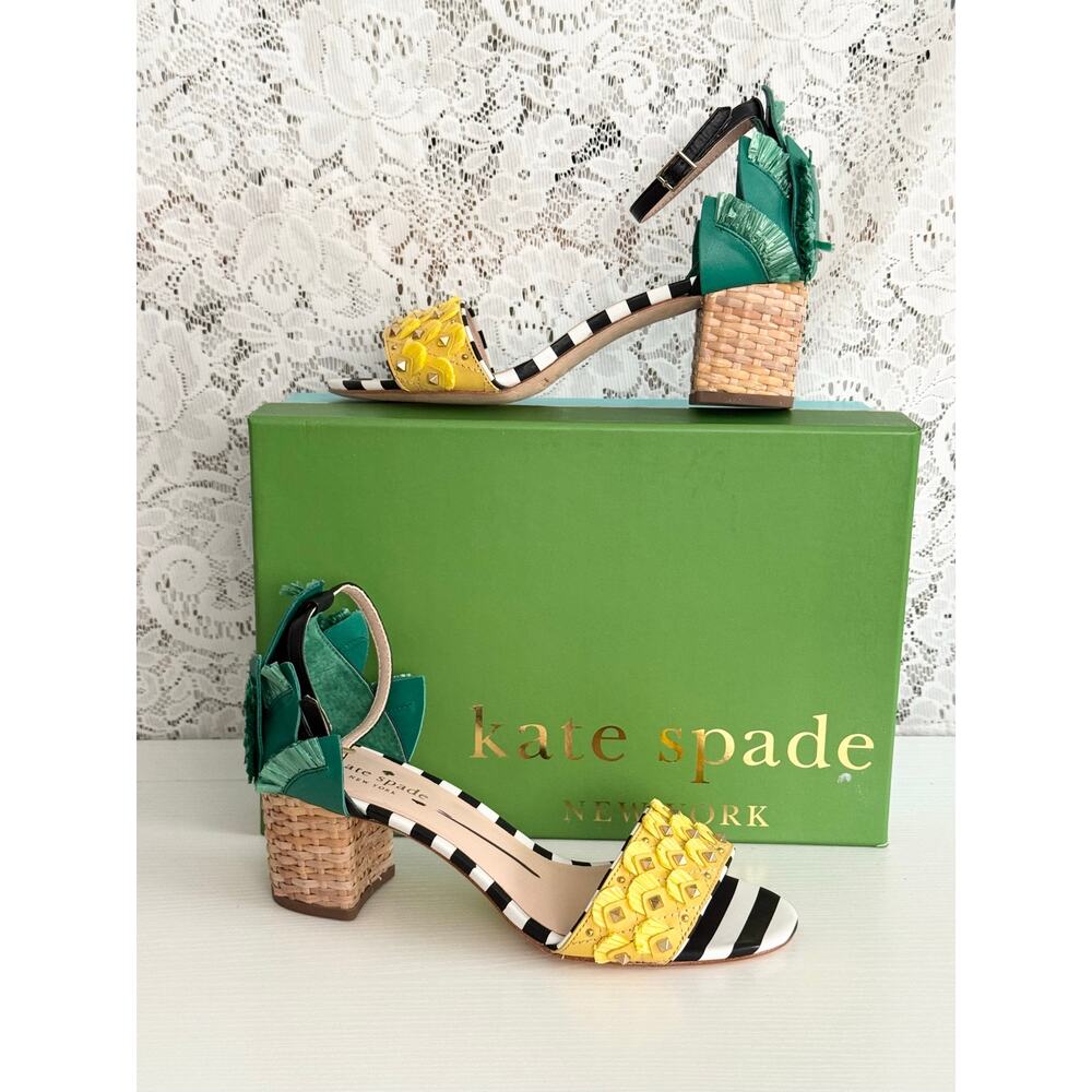Kate Spade Wiatt Pineapple Sandals 7.5 NIB Novelty Striped Leather Defaced